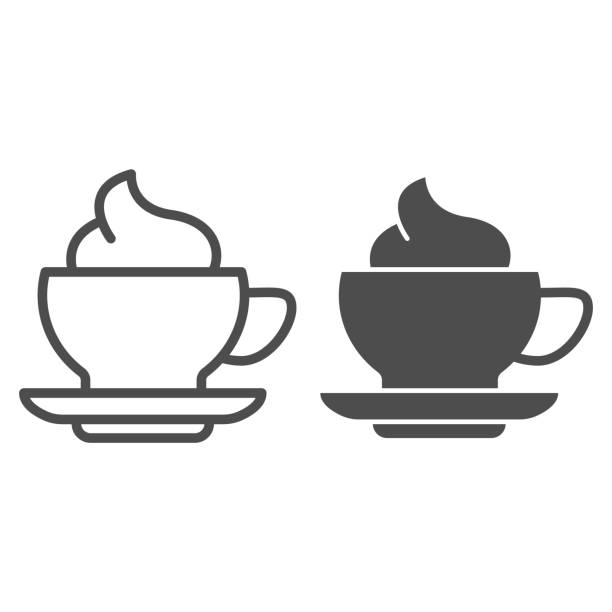 ilustraciones, imágenes clip art, dibujos animados e iconos de stock de línea de café y crema e icono sólido. taza de bebida caliente de frappe con símbolo de helado de leche, pictograma estilo contorno sobre fondo blanco. signo de la taza de la mañana para el concepto móvil, diseño web. gráficos vectoriales. - latté cafe macchiato cappuccino cocoa