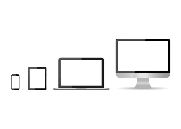 istock Monitor, laptop, tablet, smartphone isolated on white background. Set of mockup devices with white screen. Modern electronic gadgets. PC desktop, notebook, mobile, tablet for communication. Vector. 1215690453