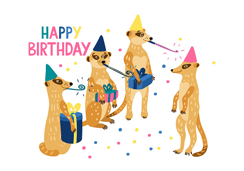Happy meerkats holding gift boxes and celebrate birthday of their family member. They have party blowers. Vector hand drawn illustration isolated on white. Happy Birthday lettering. Greeting card.