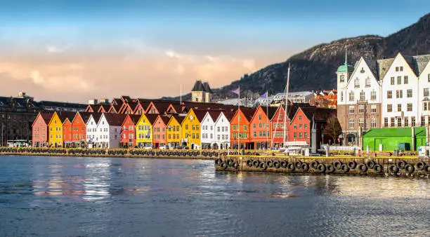 Panoramic city and harbor view with characteristic traditional wooden houses of Bryggen. Evening view.