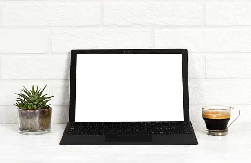 Arrangement of laptop, cup of coffee and houseplant