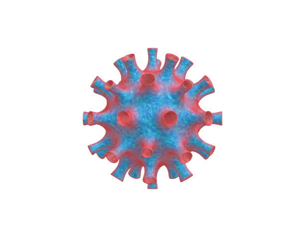 istock 3D rendering realistic blue red virus under the microscope, 2019-nCoV coronavirus infection bacterium on a white background. 1215695283