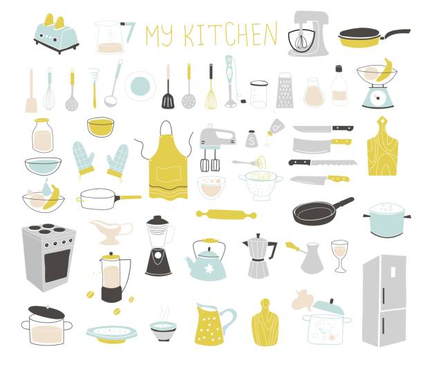 zestaw ikon wektora doodle kuchennego. dla nowoczesnego zestawu szablonów kart receptury dla książki kucharskiej. - spoon vegetable fork plate stock illustrations