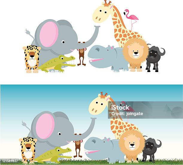 Cute Cartoon Джунглях Сафари Животных Набор — стоковая векторная графика и другие изображения на тему Аллигатор - Аллигатор, Американский бизон, Африканский буйвол