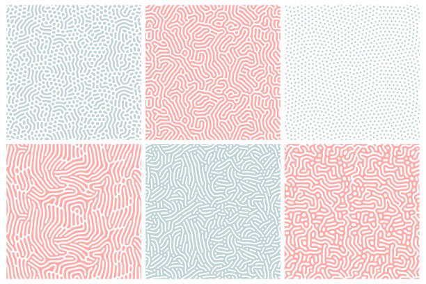 표백 된 빨간색과 파란색의 유기 배경. 둥근 선, 물방울과 유기 질감. 자연 세포, 미로, 산호의 구조. 확산 반응 원활한 패턴. 추상 벡터 그림입니다. - pattern stock illustrations