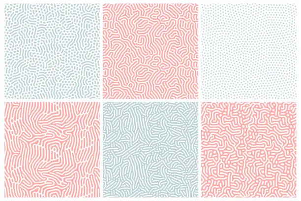 Vector illustration of Organic background in bleached red and blue. Organic texture with rounded lines, drips. Structure of natural cells, maze, coral. Diffusion reaction seamless patterns. Abstract vector illustration.