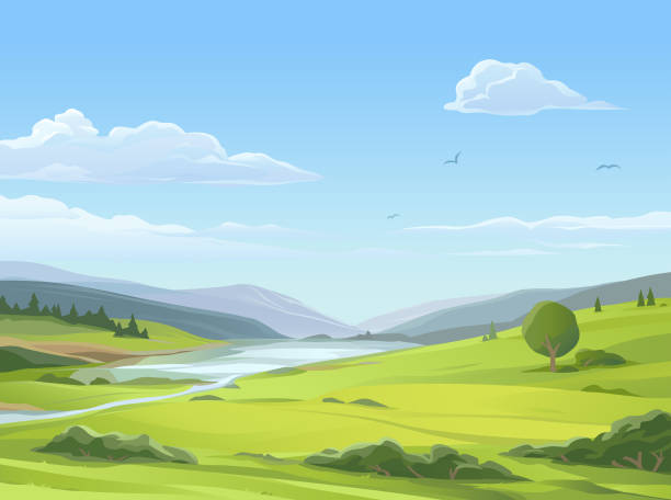 Tranquil Rural Landscape Vector illustration of a beautiful rural landsapce with a river, a lake, bushes, hills, mountains, and green meadows under a blue cloudy sky. Illustration with space for text. lake illustrations stock illustrations
