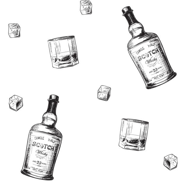 Whiskey making process from grain to bottle. Scotch whiskey bottle, glass with some ice cubes. Seamless pattern. Whiskey making process from grain to bottle. Scotch whiskey bottle, glass with some ice cubes. Seamless pattern. Sketch style drawing isolated on white background. EPS10 vector illustration ice drawings stock illustrations