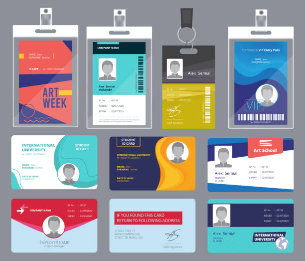 ilustrações de stock, clip art, desenhos animados e ícones de personal card id. male or female passport or badges personal office manager business tags vector design template - id card
