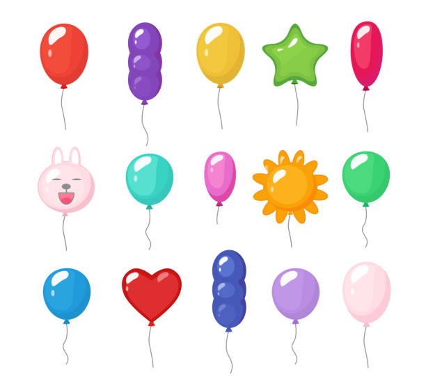 Cartoon balloons. Festive entertainment bright reflections colored items shiny flying toys for party vector rubber air balloons Cartoon balloons. Festive entertainment bright reflections colored items shiny flying toys for party vector rubber air balloons. Birthday bright air helium balloons heart star and sun illustration balloon stock illustrations