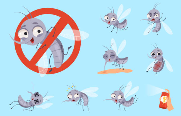 Dangerous mosquito. Bugs and warning flyings animals mosquito aid vector cartoon set Dangerous mosquito. Bugs and warning flyings animals mosquito aid vector cartoon set. Mosquito bug insect, animal bite gnat illustration midge fly stock illustrations