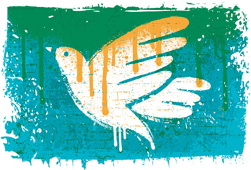 Vector image background of a dove stencil over a rough painted wall with smears, and splatters. Rough and cracked paint on grunge background.