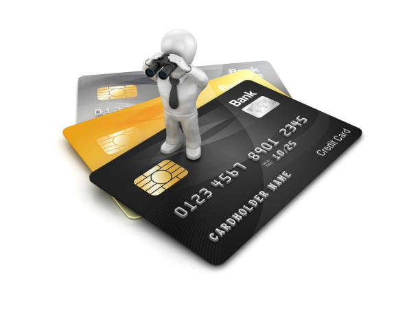 istock Credit Cards with Cartoon Character with Binoculars - 3D Rendering 1215700516