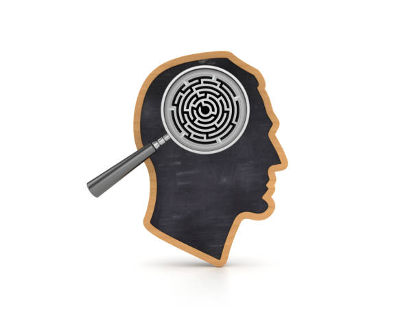 istock Human Head Shape with Magnifying Glass and Maze - 3D Rendering 1215702298