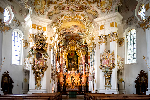 The sanctuary of Wies, near Steingaden in Bavaria, is a pilgrimage church extraordinarily well-preserved in the beautiful setting of an Alpine valley, and is a perfect masterpiece of Rococo art and creative genius, as well as an exceptional testimony to a civilization that has disappeared.