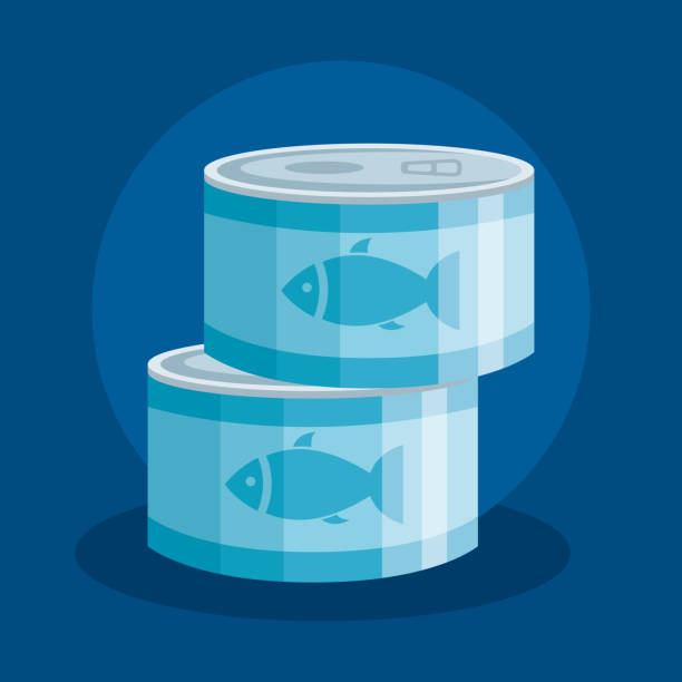 ilustraciones, imágenes clip art, dibujos animados e iconos de stock de conjunto puede atún comida en fondo azul - can packaging tuna food