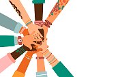 istock Hands together - set of different races raised up hands. The concept of education, business training, volunteering charity, party. 1215705539