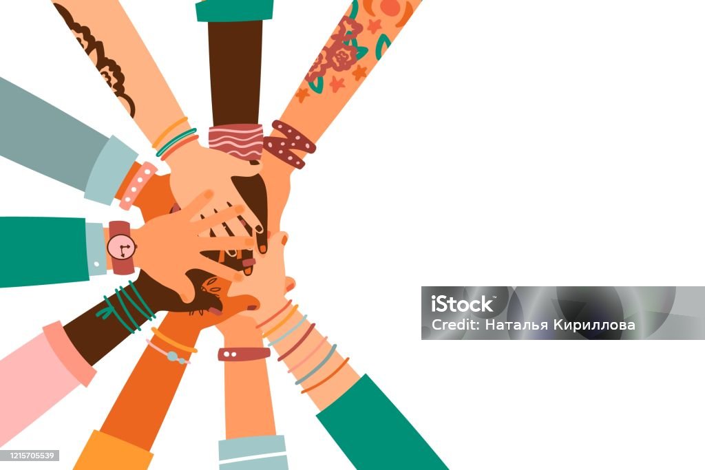 Hands together - set of different races raised up hands. The concept of education, business training, volunteering charity, party. Multiracial Group stock vector