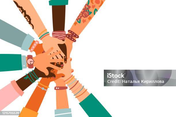 Hands Together Set Of Different Races Raised Up Hands The Concept Of Education Business Training Volunteering Charity Party Stock Illustration - Download Image Now