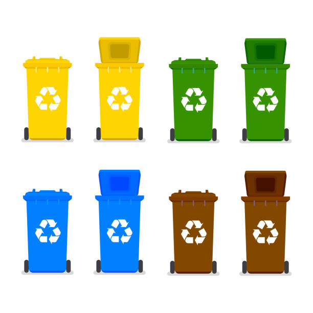 papierkörbe mit recycling-symbol. - müllbehälter stock-grafiken, -clipart, -cartoons und -symbole