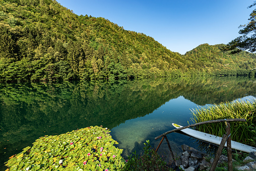 Lago di Levico, small beautiful lake in Italian Alps, Valsugana valley, Levico Terme town, Trento province, Trentino Alto Adige, Italy, Europe