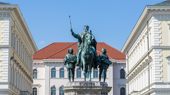 Munich, Bavaria / Germany - Mar 18, 2020: Front view of the so-called Reiterdenkmal. The memorial shows King Ludwig I (König Ludwig I.) riding a horse. It was unveiled in 1862, located at Odeonsplatz. Created by Max Widnmann.