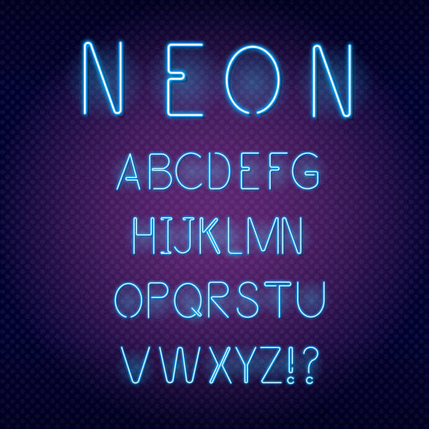 neon licht 3d alphabet, extra glühende schriftart. exklusive farbregelung für farbuhren. - fluorescent light lighting equipment light bulb box stock-grafiken, -clipart, -cartoons und -symbole