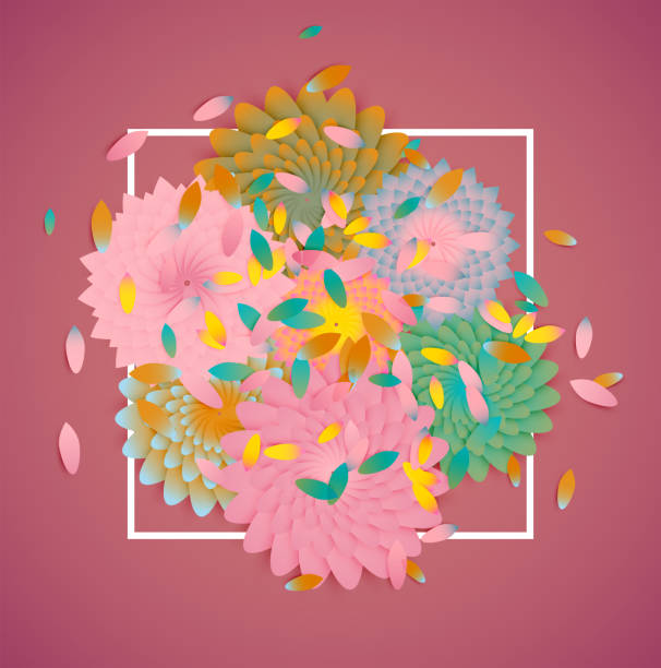 istock Colorful flowers with white border and leaves, vector illustration 1215708843
