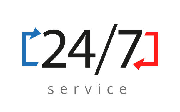 service sign is open 24 hours a day and 7 days a week on a white background service sign is open 24 hours a day and 7 days a week on a white background. Plate, banner, isolated object. Vector illustration central european time stock illustrations