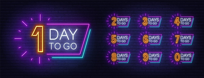 Number of days to go. Countdown template. Neon sign on brick wall background.