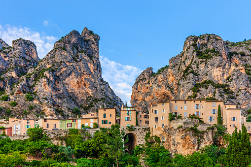 Moustiers-Sainte-Marie, a small town perched on the ridge of a mountain in Provence-Alpes-Côte d'Azur region