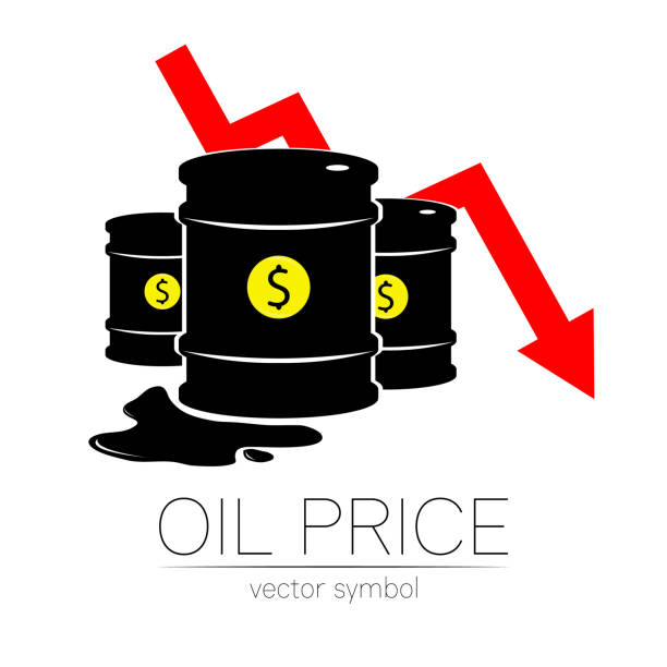 illustrations, cliparts, dessins animés et icônes de signe vectoriel de l’huile. statistiques dollar vers le bas, crise financière mondiale. pétrole noir de symbole isolement sur le fond blanc. silhouette de baril et liguid tache. industrie de l’exploration, illustration. - liguid