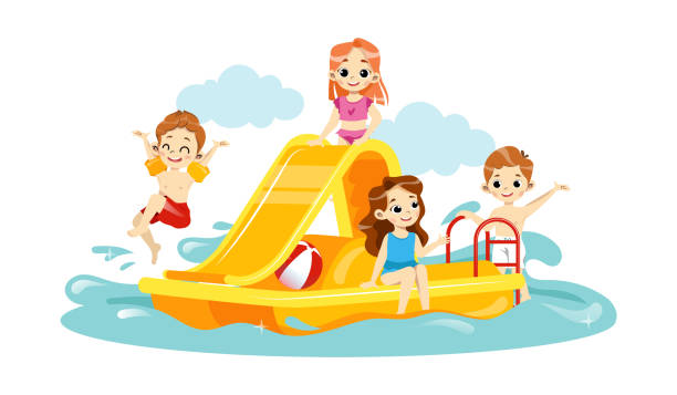 아쿠아 파크에서 레저의 개념. 행복 쾌활한 아이들은 워터 슬라이드에 함께 재생됩니다. 아이들은 여름 방학 동안 워터 파크에서 놀고 즐기고 있습니다. 만화, 평면, 스타일, 벡터 일러스트 - swimming pool child water park inflatable stock illustrations