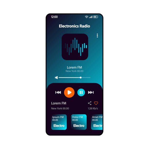 illustrazioni stock, clip art, cartoni animati e icone di tendenza di modello vettoriale di interfaccia per smartphone radio di musica elettronica. layout di progettazione sfumato della pagina dell'app lettore musicale online mobile. album, schermata di ascolto della trasmissione in diretta. interfaccia utente piatta per l'a - lettore mp3