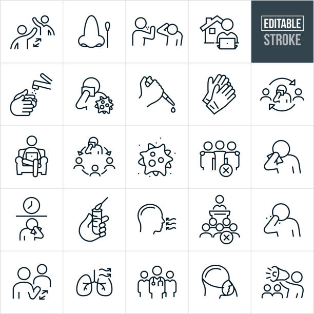 Viral Illness Thin Line Icons - Editable Stroke A set of viral illness icons that include editable strokes or outlines using the EPS vector file. The icons include two people practicing social distancing, nose with cotton swab, person sneezing on another person, person working at computer at home, hand washing with water and soap, virus cell, laboratory testing, disposable gloves, virus spread, coronavirus, covid-19, sick person, contagious person, person sneezing into tissue, person sneezing into bare hand, self-isolation, quarantine, test tube, medical test, team of doctors, human lungs, person wearing oxygen mask, and a person on a bullhorn warning others of a pandemic. respiratory disease stock illustrations