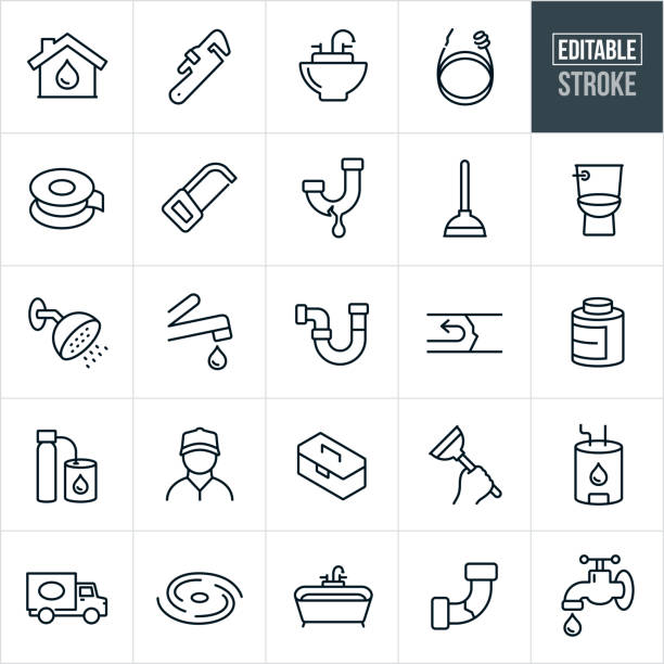 plumbing thin line icons - bearbeitbarer strich - faucet leaking pipe water stock-grafiken, -clipart, -cartoons und -symbole