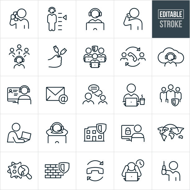 Help Desk Thin Line Icons - Editable Stroke A set of help desk icons that include editable strokes or outlines using the EPS vector file. The icons include IT support, help desk support, IT specialists, business person on the phone, customer, contact via phone and email, customer support representatives, CSR talking on headset while sitting at computer, customer on mobile phone, hand holding computer wires, secure services, telephone, online chat, business person working on laptop, IT support team, business building, global services, computer bug, firewall and other related icons. disappointment stock illustrations