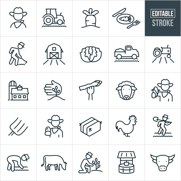 ilustrações de stock, clip art, desenhos animados e ícones de agriculture and farming thin line icons - editable stroke - tractor agricultural machinery agriculture commercial land vehicle