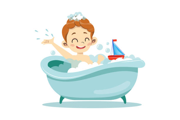 ilustraciones, imágenes clip art, dibujos animados e iconos de stock de concepto de procedimientos de higiene personal. happy cheerful boy se está bañando. el niño se relaja y juega con el bote de juguete en la bañera con un montón de espuma y burbujas de jabón. ilustración vectorial plana de dibujos animados - shower child shampoo washing