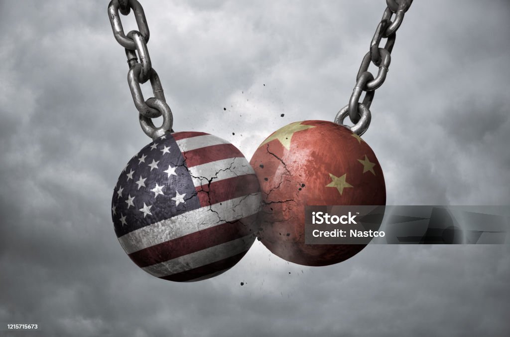 USA and China trade war concept Two wrecking balls with american and chinese flags hitting each other, trade war concept China - East Asia Stock Photo