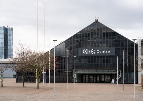 Glasgow, Scotland - The entrance to the SEC Centre, part of the Scottish Event Campus located by the river Clyde. In March 2020, the Scottish Government announced plans to use the site as a temporary hospital, to provide extra healthcare capacity for the treatment of patients suffering with Coronavirus symptoms.