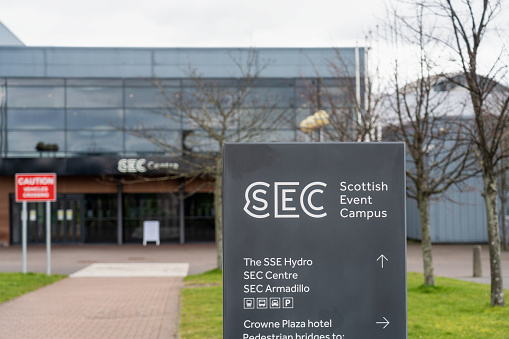 Glasgow, Scotland - A Scottish Event Campus sign in front of the SEC Centre building, located by the river Clyde. In March 2020, the Scottish Government announced plans to use the site as a temporary hospital, to provide extra healthcare capacity for the treatment of patients suffering with Coronavirus symptoms.