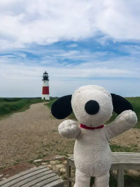 Snoopy in front of The Sankaty Head Lighthouse