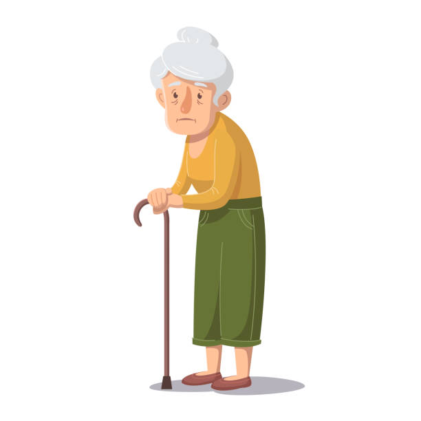 Old lady is standing with a stick. Vector illustration. Old lady is standing with a stick. Vector illustration. sad old woman stock illustrations