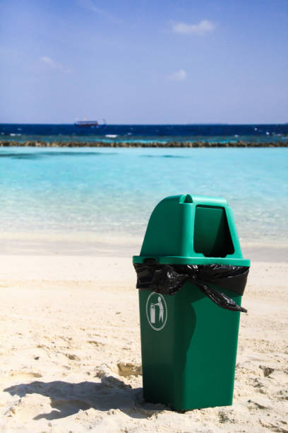 istock Green Plastic Bin on Clean Sandy Tropical Beach after Recycling Waste 1215718617