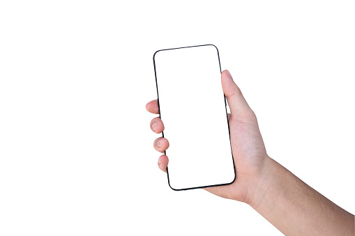 Close up man's right hand holding black smartphone with blank screen on isolated white background