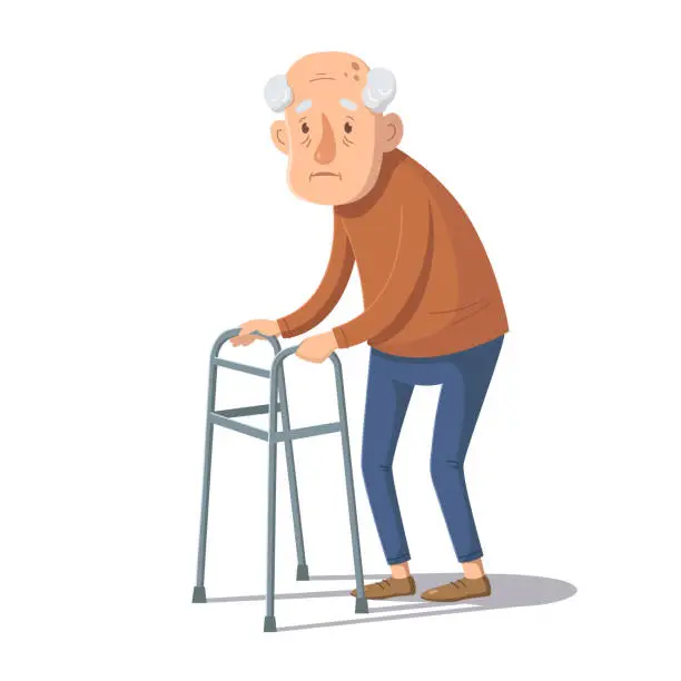 Vector illustration of Old man is standing with a walking frame. Vector illustration.