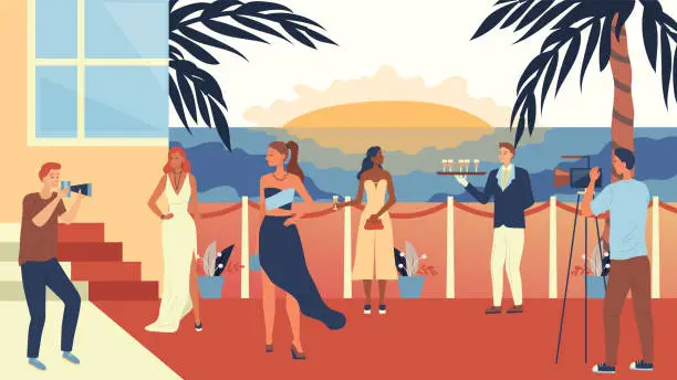 Vector illustration of Concept Of Film Festival Or Privat Party. Famous People Are Walking Along Red Carpet, Posing To Paparazzi, Drink Cocktails And Enjoying The Sunset In Privat Club. Cartoon Flat Vector Illustration