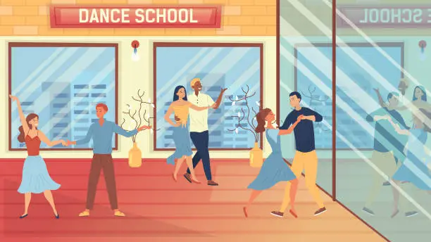 Vector illustration of Dance School Concept. People Are Having A Dance Lessons. Characters Dancing In Pairs In The Classroom. Men And Women Have A Good Time Dancing Tango Together. Cartoon Flat Style. Vector Illustration