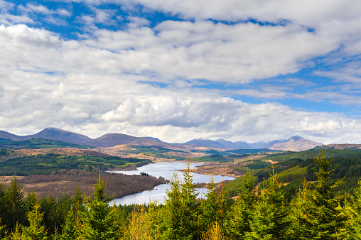 Wide angle landscape view of the Scottish Highlands, Scotland, UK